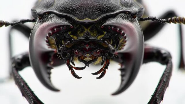 Extreme close-up of lucanus cervus stag beetle mandibles on bright white background