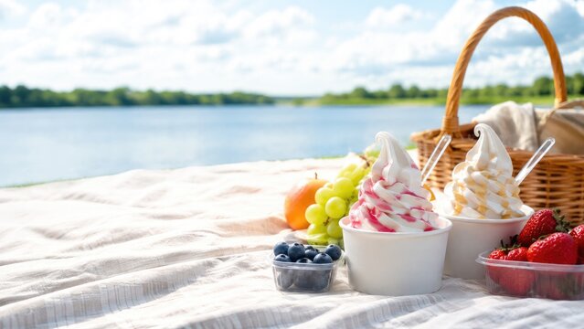 Two cups of swirled frozen yogurt with fruit and spoons on a picnic blanket beside a wicker basket by a sunny lakeside