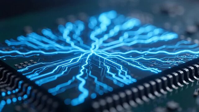 Microchip circuitry glows with electric blue light to signify advanced computing power and digital connectivity.