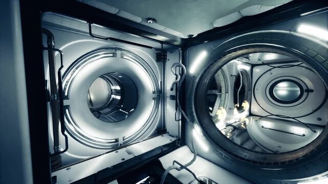 Sparse space station engineering node, access panels and cable runs, consoles and tool hooks, worn paint and practical utility, readyforrepair mood