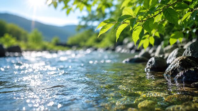 新緑の木々と美しい清流
