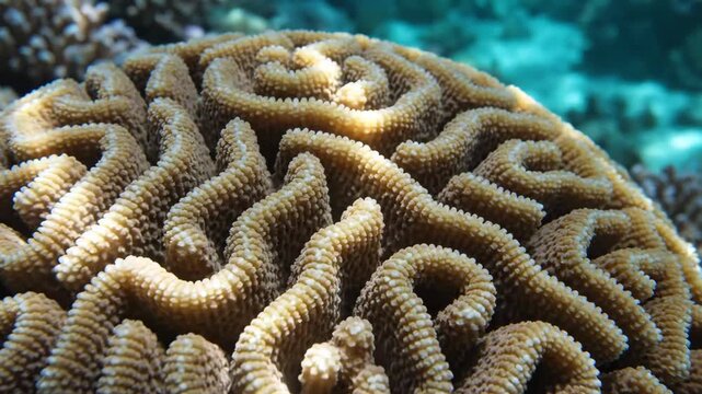 Macro shot of labyrinthine brain coral ridges under sunlit ripples in clear water