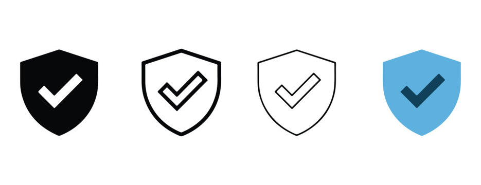 Security shield icons with checkmarks in different colors and line styles for protection and safety concepts  various shield shapes with ticks