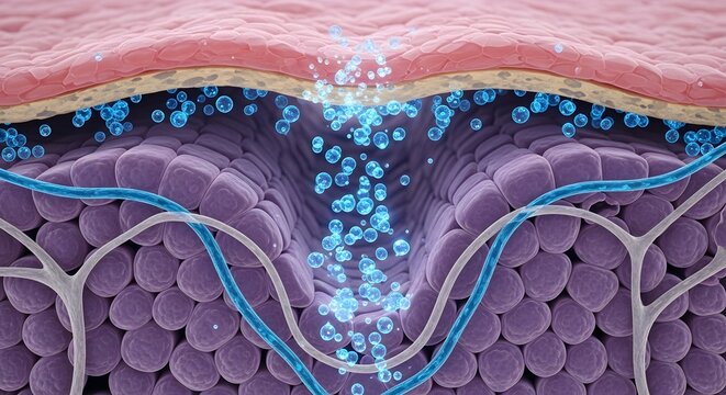 Cross sectional view of skin layers with nanoparticles penetrating the dermal layers
