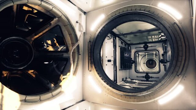Space station linking various modules. An interior station hub enabling seamless linkages between multiple modules via circular corridors and access points