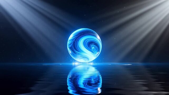 Blue glowing sphere in water