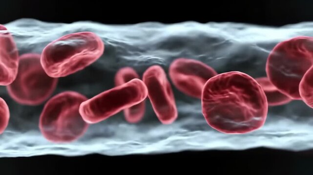 Microscopic close up of crimson red blood cells flowing through translucent capillary vessel
