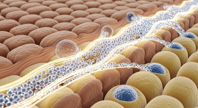 Microscopic view of epithelial cells with a layer of fluid and particles on their surface