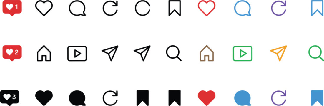 Collection of flat social media icons featuring speech bubbles hearts and search symbols on transparent background vector communication messaging heart icon like