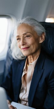 Senior businesswoman thoughtful by airplane window for corporate profile portrait and travel brochure background