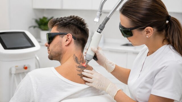 Laser tattoo removal treatment on a man's neck by a clinician in a medical clinic