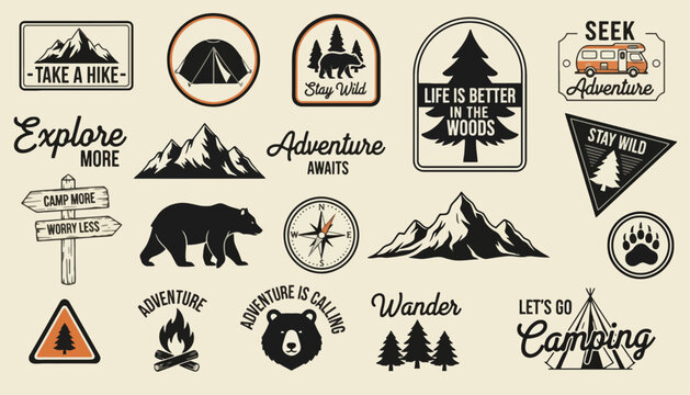 Collection of Vintage Style Adventure and Wilderness Exploration Emblems with Mountains Camping Gear and Wildlife Illustrations
