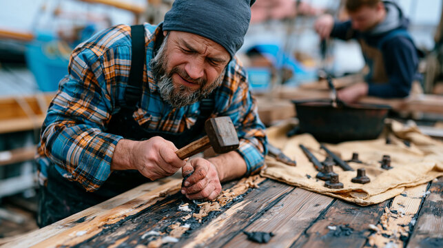 traditional boatbuilder at a maritime heritage yard caulking the deck seams of a restored gaff cutter with cotton oakum and a caulking mallet, apprentice feeding new seam compound from a heated pot,