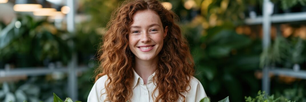 Young redhead woman smiling among green plants in a nursery for gardening shop banner and lifestyle background