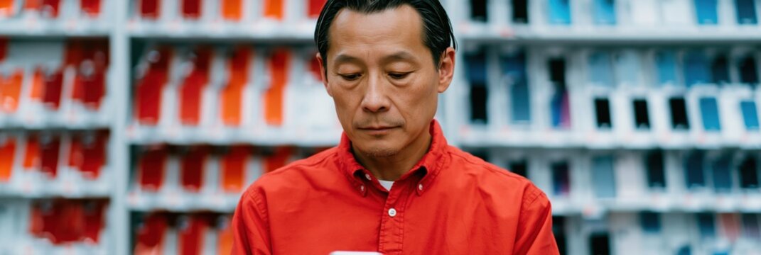 Man browsing smartphone aisle in electronics store for retail shopping background and tech comparison banner