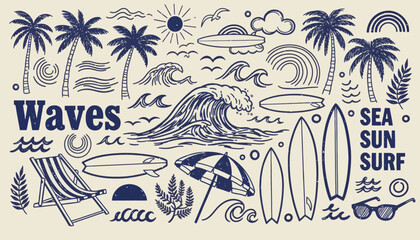 Summer Beach Vacation Hand Drawn Doodles Set Featuring Tropical Palm Trees Surfboards Waves and Ocean Lifestyle Elements © john