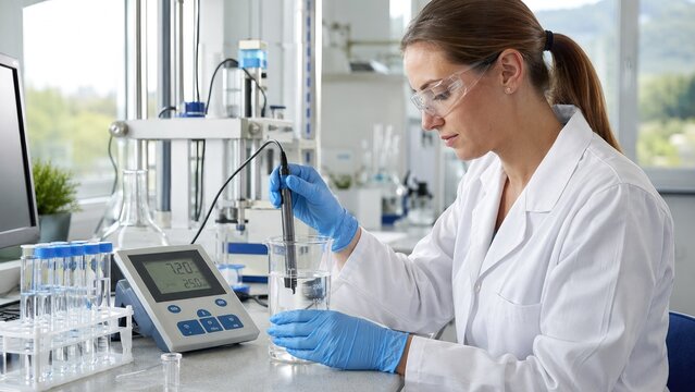 Woman scientist in a laboratory measuring a solution with a pH probe and digital meter, wearing gloves, safety glasses and a lab coat