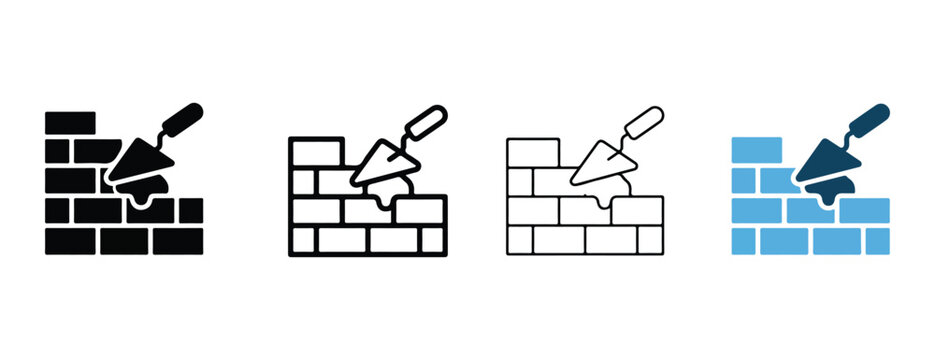 masonry icons with trowels and bricks in different colors and styles for construction and building concepts  various bricklaying tools and brickwall designs