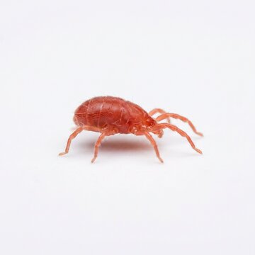 Close-up of a tiny red mite on a white background.