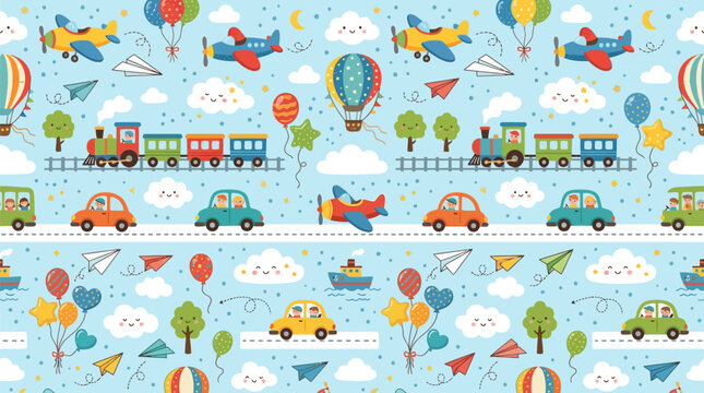 Seamless pattern featuring colorful cartoon transportation vehicles and playful elements for children nursery wallpaper and textile surface design projects