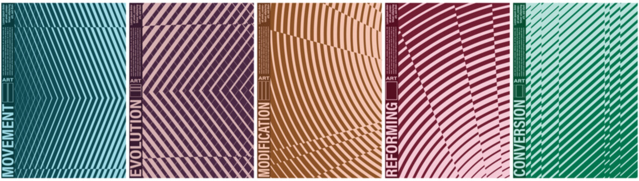 Abstract vector poster set of  checkered patterns morphing with wavy lines optical illusion vector illustration.