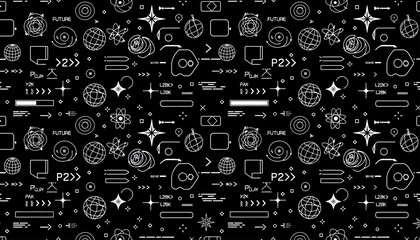 Seamless Futuristic Technology Pattern with Black Background and Cyberpunk HUD Line Art Icons © john