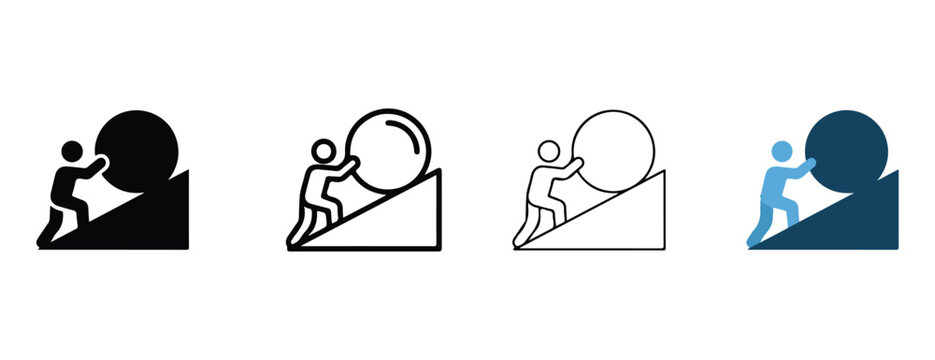 Sisyphus pushing a boulder up a hill in different styles and colors  symbolic representation of struggle and perseverance in various design formats