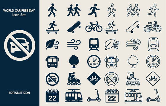 World Car Free Day Icon Set: Eco Friendly Transportation, Walking, Cycling, and Public Transit Vector for September 22