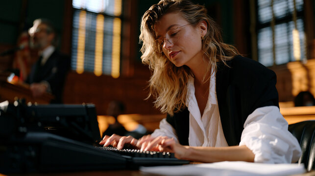court stenographer in a paneled courtroom hunched over a stenotype machine, fingers moving in a blur across the keys, attorney mid-argument at the podium, afternoon light from tall windows striping 