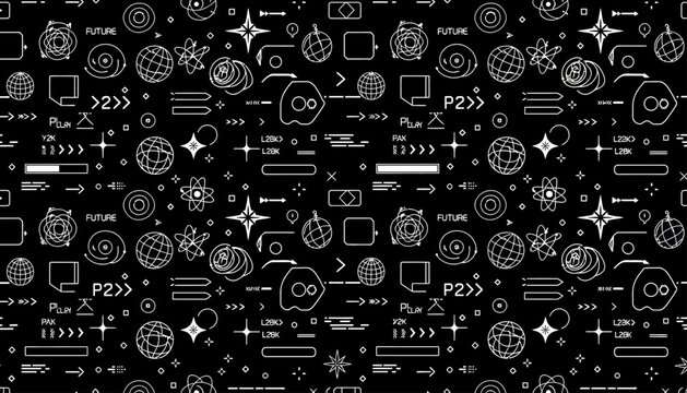 Seamless Futuristic Technology Pattern with Black Background and Cyberpunk HUD Line Art Icons