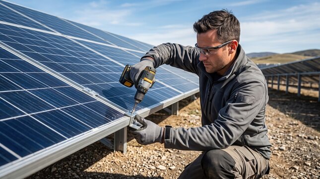Technician Installing Solar Panel with Cordless Drill at Outdoor Solar Farm
