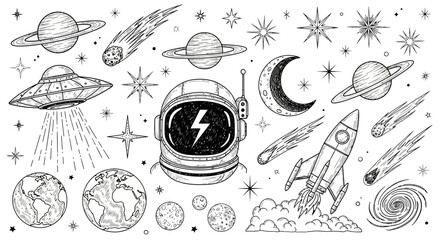 Hand drawn space exploration doodles featuring astronaut helmet rocket planets ufo and cosmic celestial elements © john