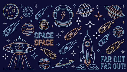 Retro space line art vector illustration with rocket ship, UFO, astronaut helmet, planets, and comets on dark background © john