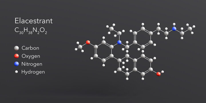 elacestrant molecule 3d rendering, flat molecular structure with chemical formula and atoms color coding