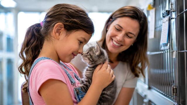 Young girl and smiling woman holding a gray tabby kitten at an animal shelter, sharing a tender adoption moment