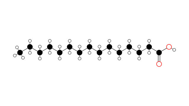 pentadecylic acid molecule, structural chemical formula, ball-and-stick model, isolated image fatty acid
