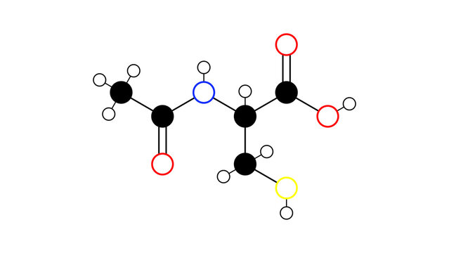 n-acetylcysteine molecule, structural chemical formula, ball-and-stick model, isolated image mucolytic agent