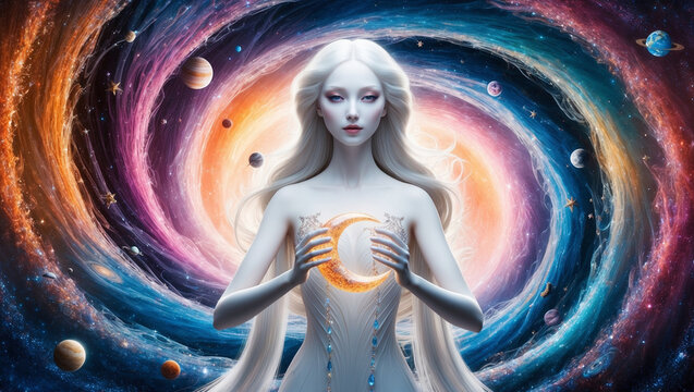 cosmic goddess with crescent moon in hands in artistic style, lunar astrology concept 
