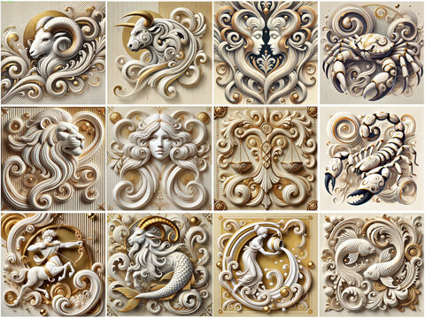 twelve zodiac signs thumbs in artistic and very elegant style, astrology concept 