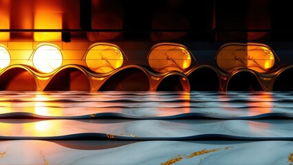 Fototapeta premium Abstract bridge design. Warm lights reflect upon water surface. Dramatic shadows create strong contrast, emphasizing curves.