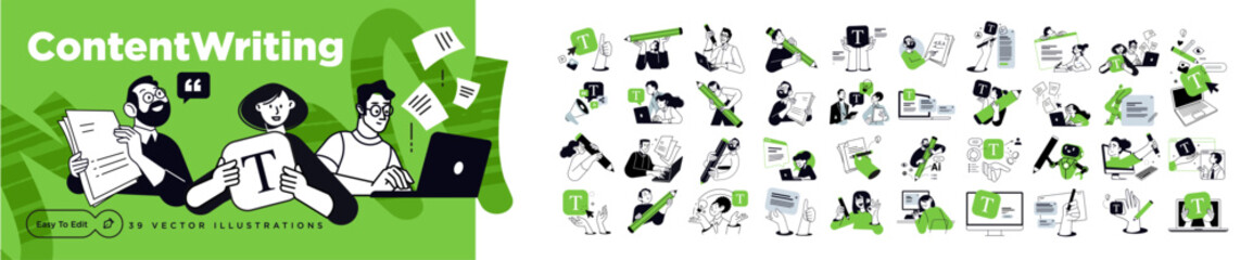 Obraz na płótnie Canvas Content writing. Set of people vector illustrations in various activities of copywriting, content manager, social media, blogging, prompt engineering, AI content creation, business and marketing.