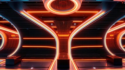 Fototapeta premium Futuristic corridor. Orange lights illuminate sleek metallic walls, creating dramatic symmetry. Dark background emphasizes glowing lines.
