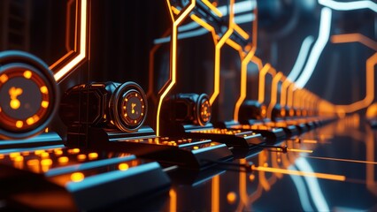 Fototapeta premium Futuristic corridor. Glowing orange lines illuminate dark metallic structures. Perspective creates depth, hinting at endless passage.