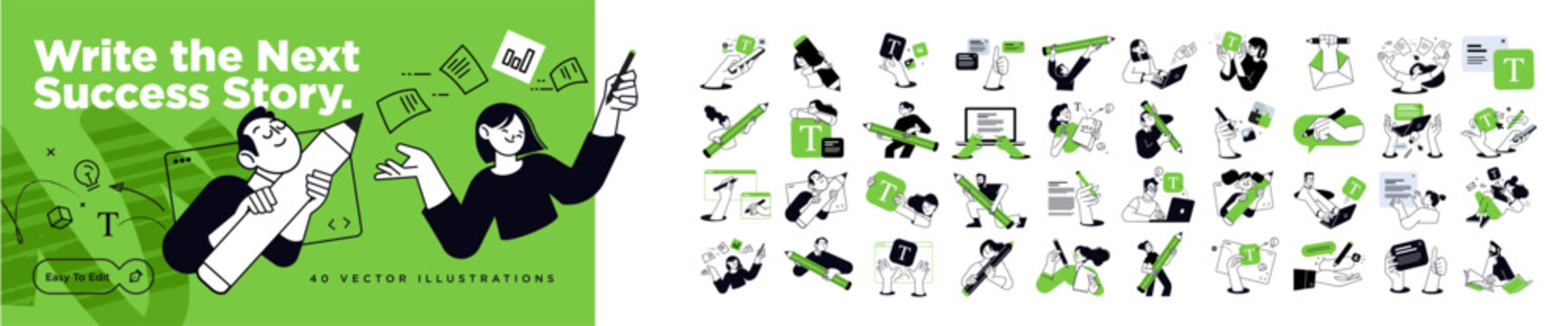 Write the next success story. Set of people vector illustrations in various activities of business and marketing content creation, social media, copywriting, prompt engineering, AI chatting, blogging.