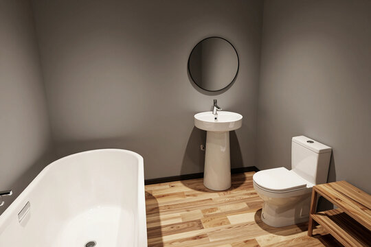 Modern Contemporary Luxury Bathroom Interior Design With Bathtub Sink Toilet and Wooden Bench