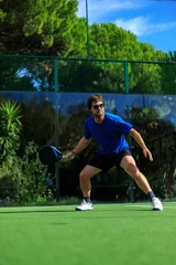 Padel player at outdoor court. Open social tour template. Mockup for social media events with copy space. © Mike Orlov