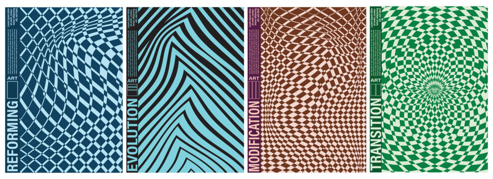 Abstract poster set Kinetic movement of stripes and patterns creating illustration 3d effects vector art.