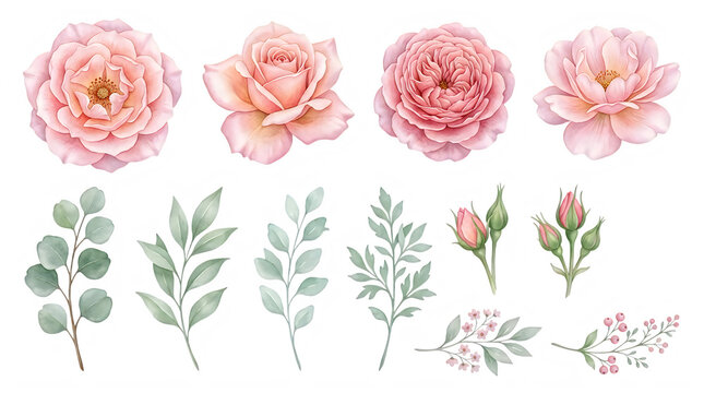 Pink roses and green leaves illustrations
