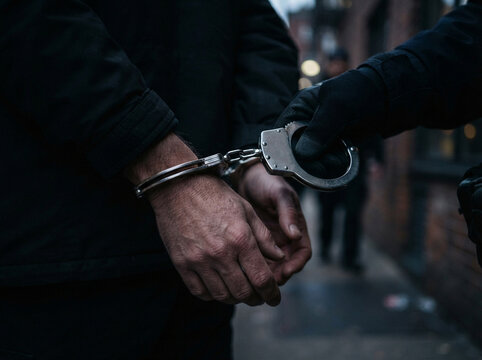 Police officer putting handcuffs on a criminal suspect hands during an arrest on a dark city street at night