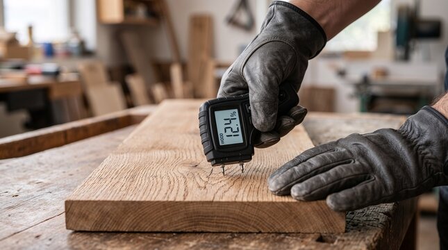 Carpenter Hands Using Digital Moisture Meter to Test Humidity on Wood Plank